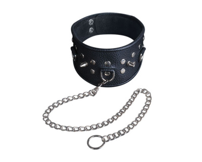 Черный кожаный широкий ошейник с поводком (3118-1)